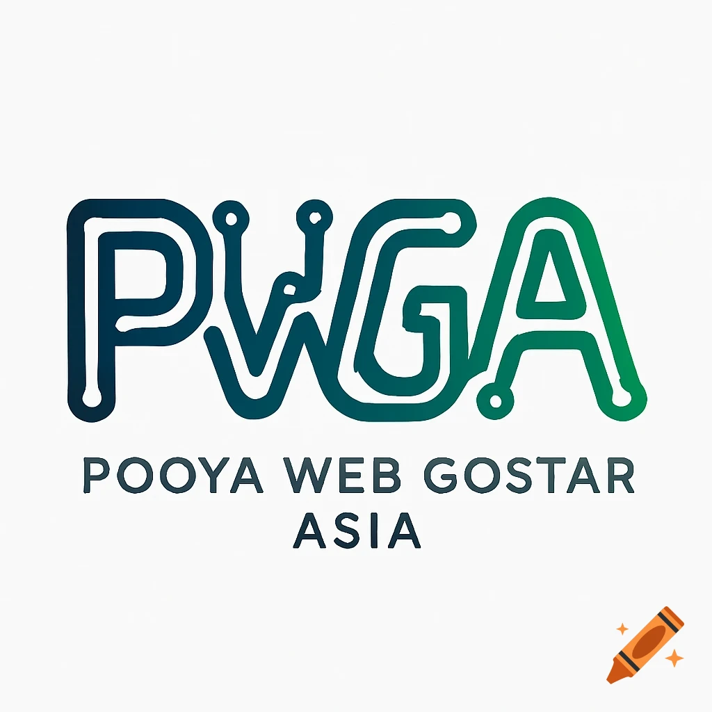 A modern logo for Pooya Web Gostar Asia featuring the letters PWGA in a circuit board style, transitioning from dark blue to green gradient, above the full company name.