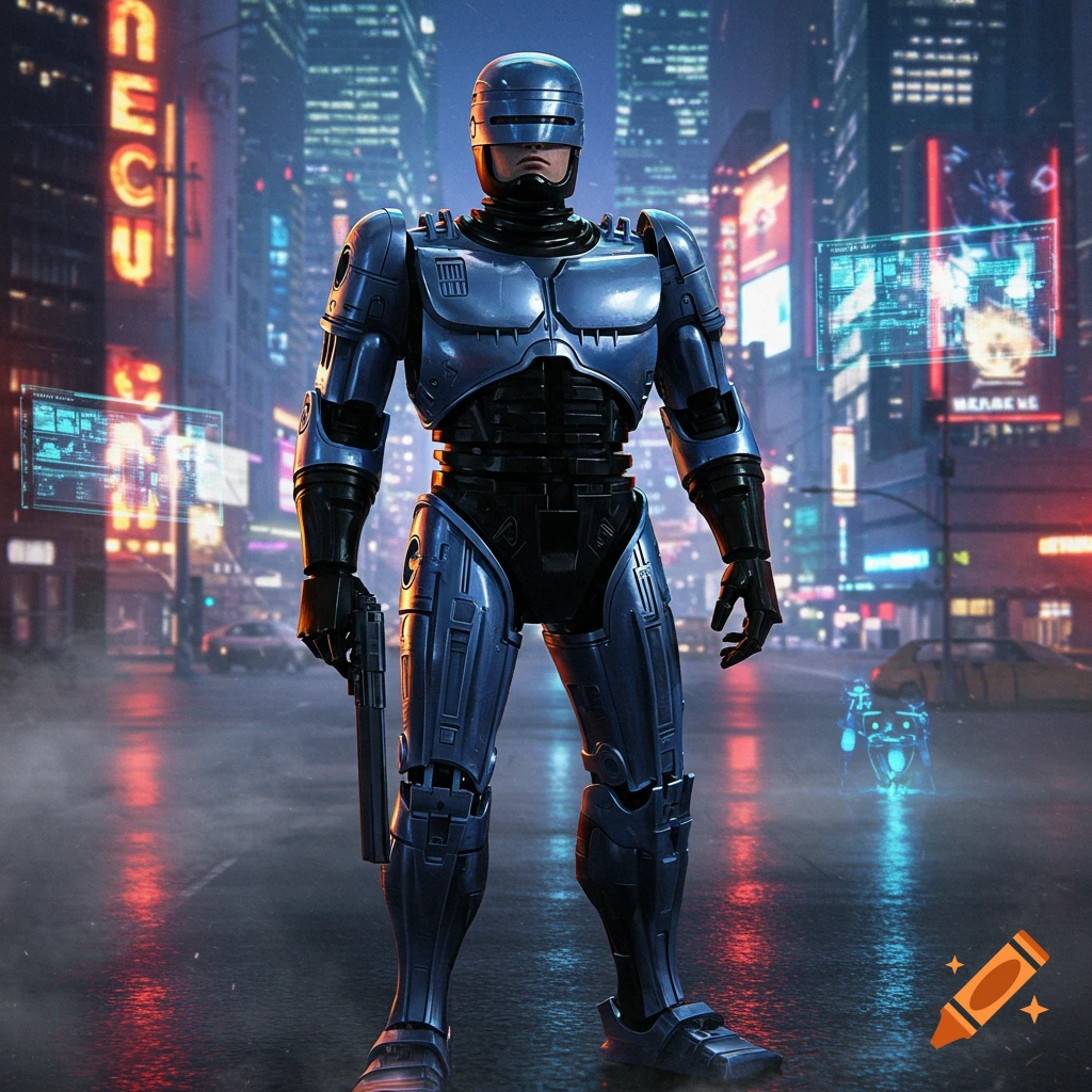 Robocop stands on a wet street in a futuristic city at night, illuminated by neon signs and holographic displays.
