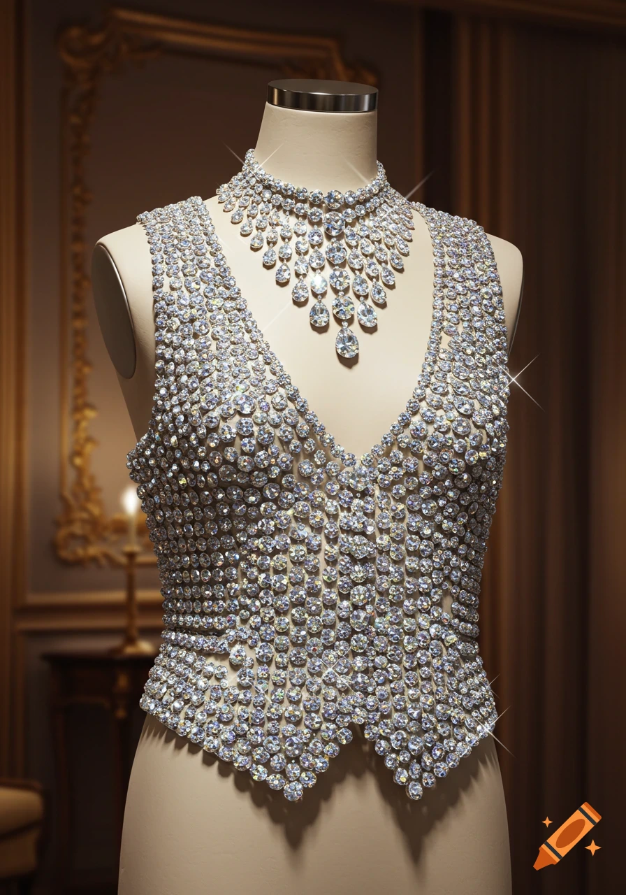 A dazzling vest and necklace made of numerous diamonds displayed on a mannequin in a luxurious, dimly lit room.