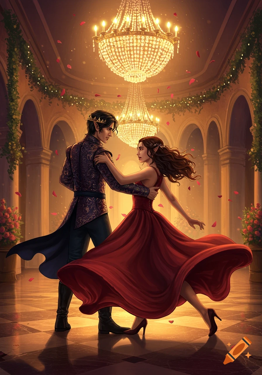 A digital painting depicts an elegant elven couple dancing in a grand ballroom with chandeliers and falling rose petals.