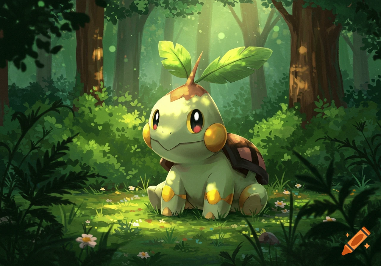 A cute green Pokemon character resembling a turtle with leaves on its head sits in a lush, sunlit forest.