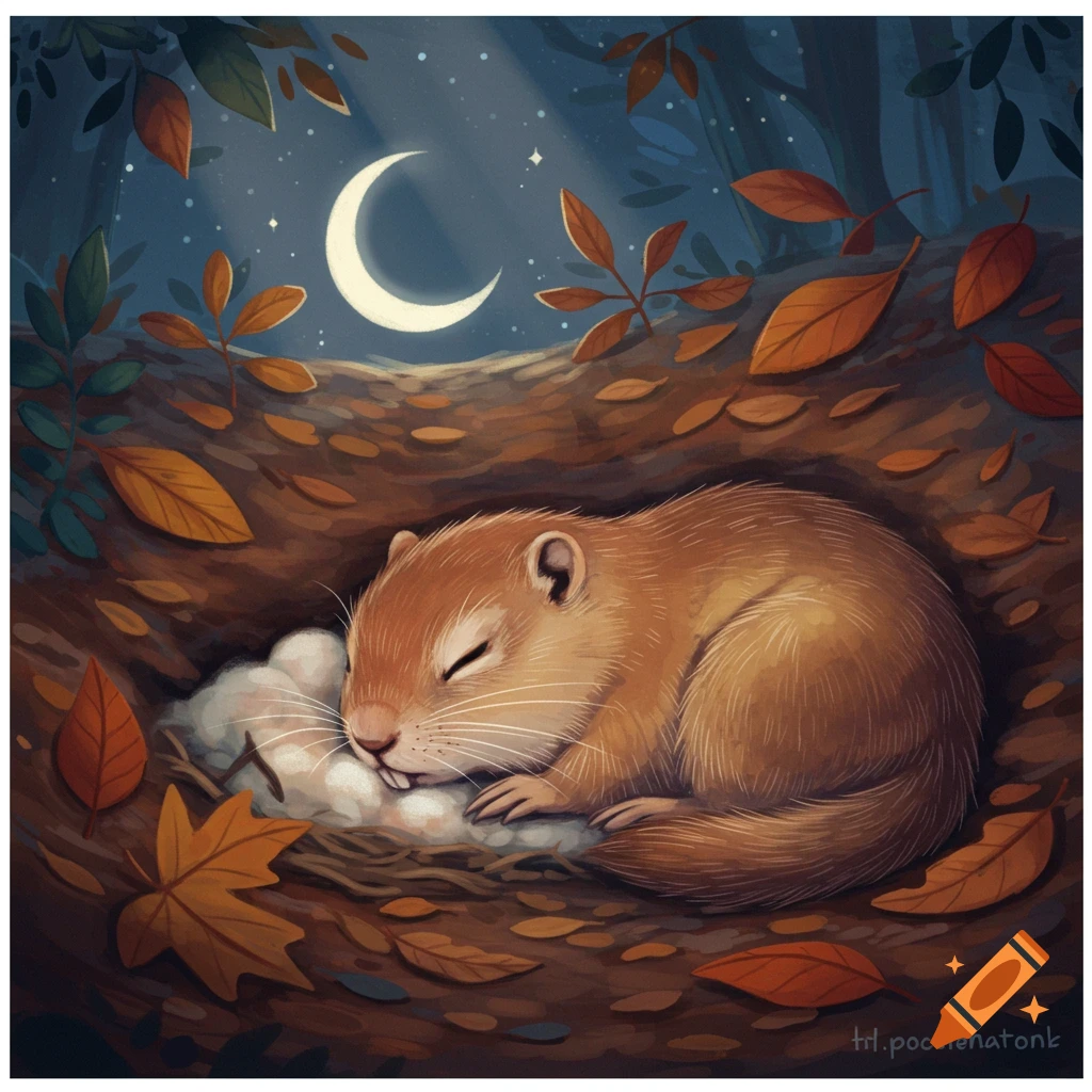 An illustration of a gopher sleeping in a cozy burrow under a crescent moon, surrounded by fallen autumn leaves.