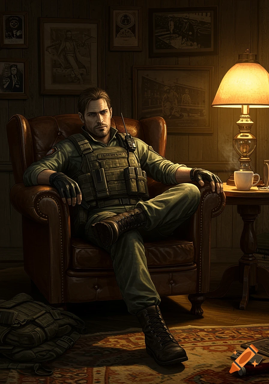 A man resembling Piers Nivens from Resident Evil, dressed in military gear, sits relaxed in a leather armchair in a dimly lit room with framed pictures on the wall.