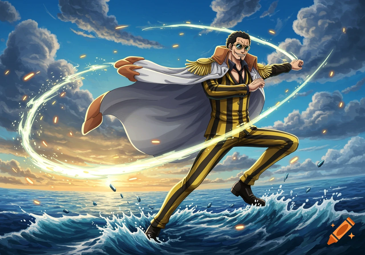 Anime illustration of Kizaru, a man in a yellow and black striped suit and white cape, running over the ocean with glowing light energy trails.
