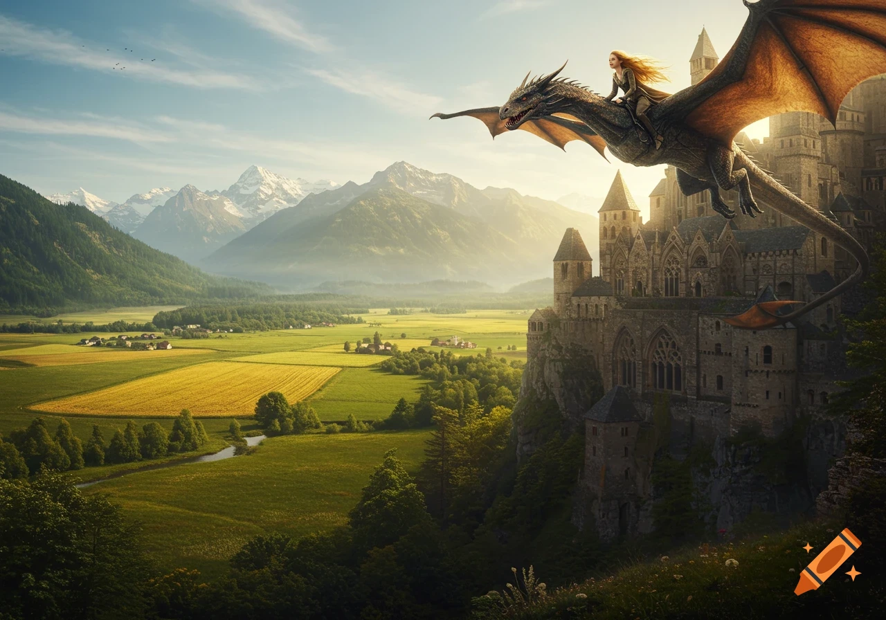 A woman with blonde hair rides a dragon above an ancient castle, overlooking green farmlands and snow-capped mountains under a clear sky. Photorealistic.