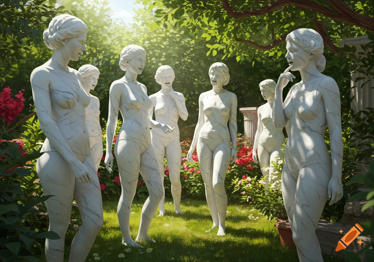 White marble statues of women in bathing suits gather in a sunlit garden.
