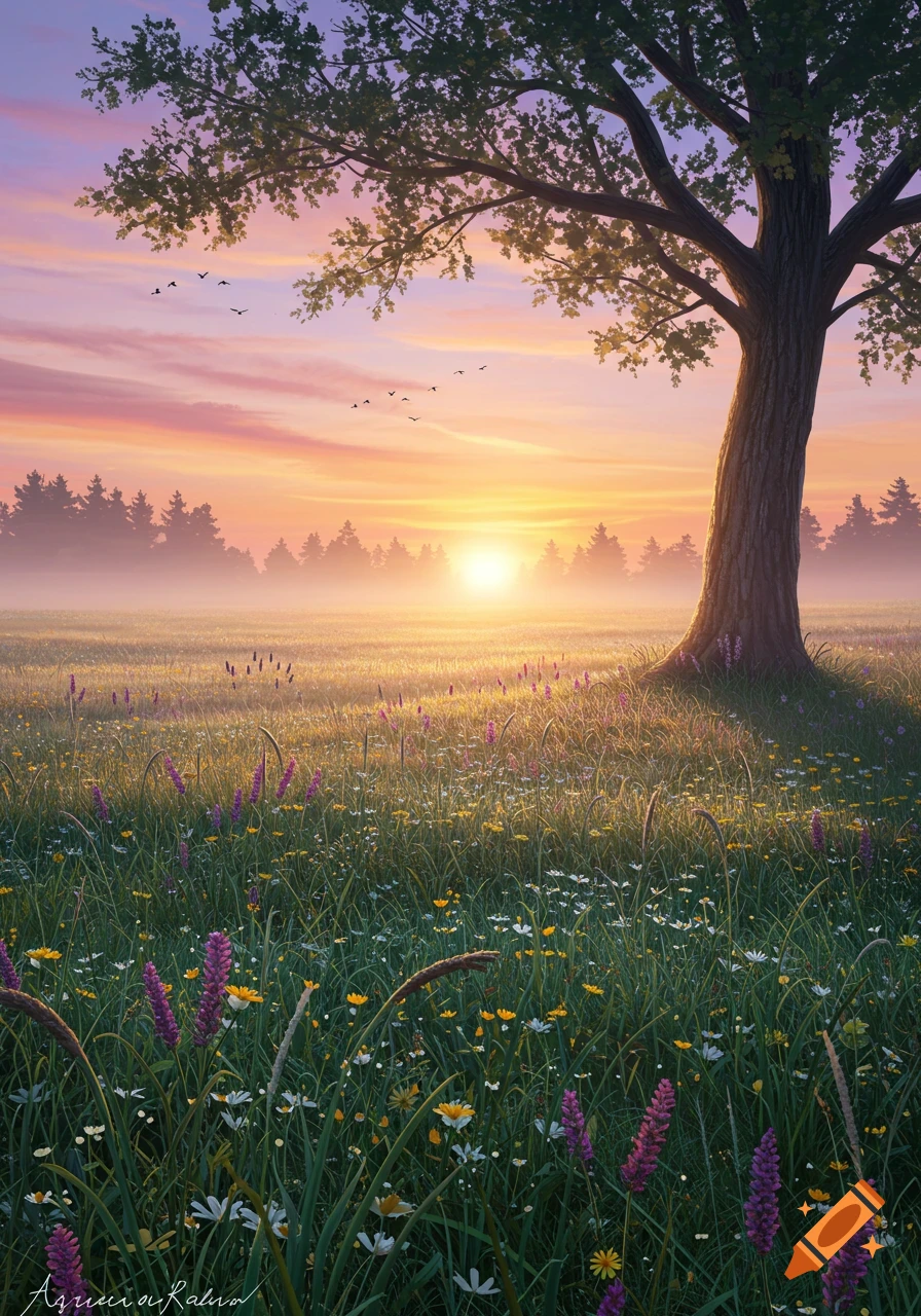 A vibrant meadow with a large tree at sunrise, misty background, birds flying.