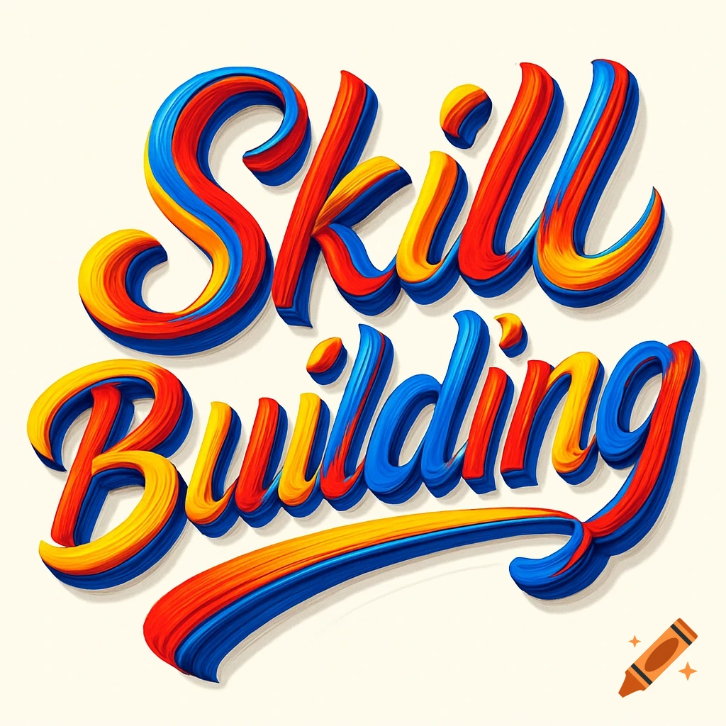 Stylized 3D lettering for 'Skill Building' with red, yellow, and blue paint strokes on a light background.