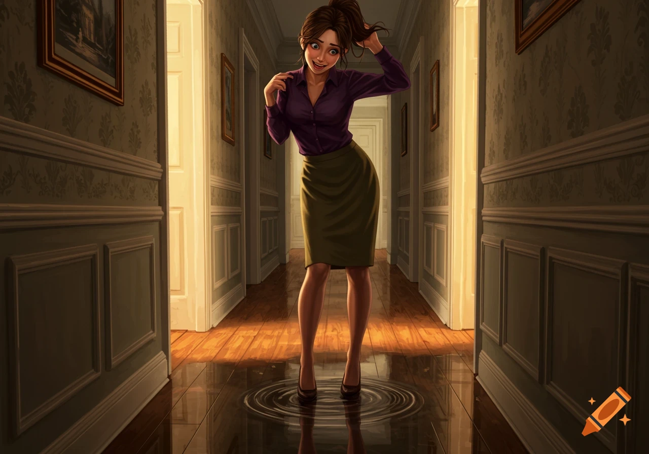 A woman in a purple blouse and khaki skirt stands in a house hallway with a puddle around her feet, looking sheepish.