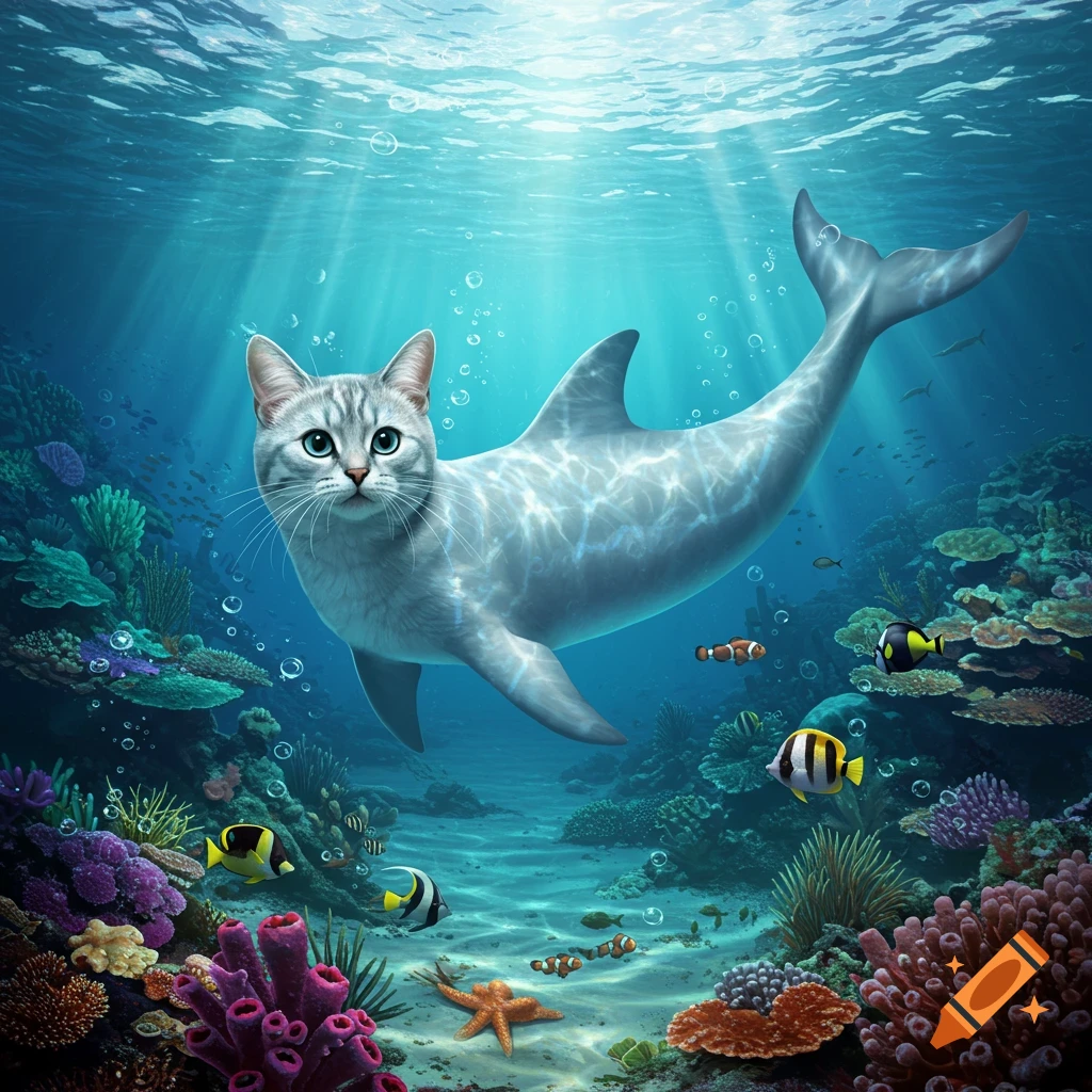 A creature with a cat's head and a dolphin's body swims underwater amidst colorful coral reefs and fish.