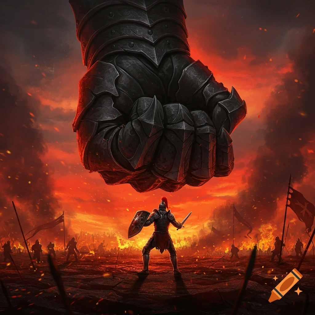 A lone knight stands on a fiery battlefield, shield and sword ready, beneath a colossal armored fist descending from the sky.
