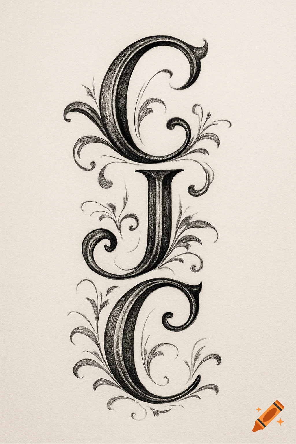 Pencil sketch of ornate, stacked initials C.J.C. with decorative flourishes.