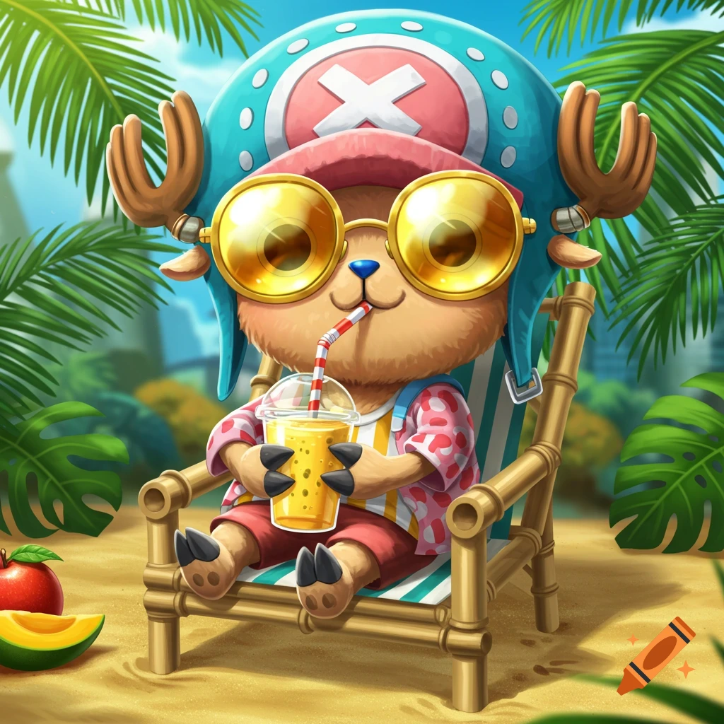 A cute cartoon reindeer character, Tony Tony Chopper, in a hat and gold sunglasses, sitting in a beach chair on sand, drinking a smoothie with palm trees in the background.