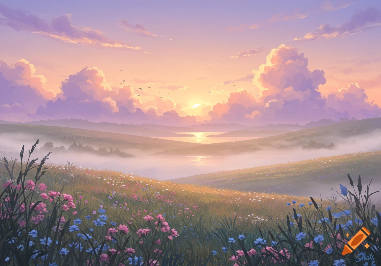 A beautiful pastel landscape painting featuring a lake reflecting the sunset between rolling hills and a foreground of colorful wildflowers and mist.