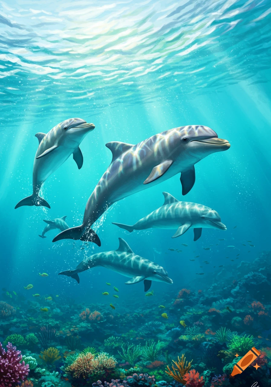 Five dolphins swim gracefully through sunlit turquoise waters above a vibrant coral reef, with schools of small fish.
