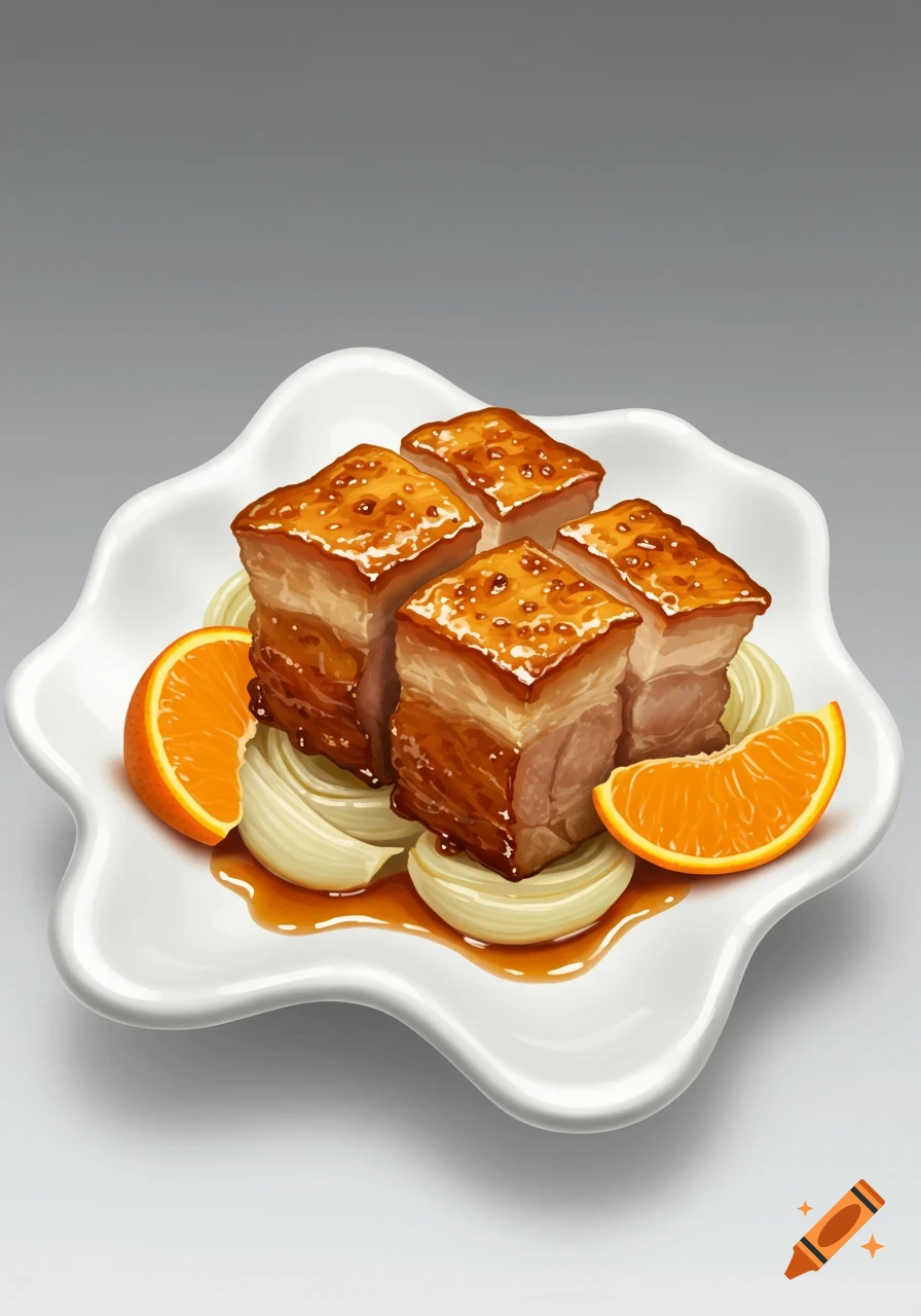 Four glazed pork belly slices with sliced onions and orange wedges on a white wavy plate.