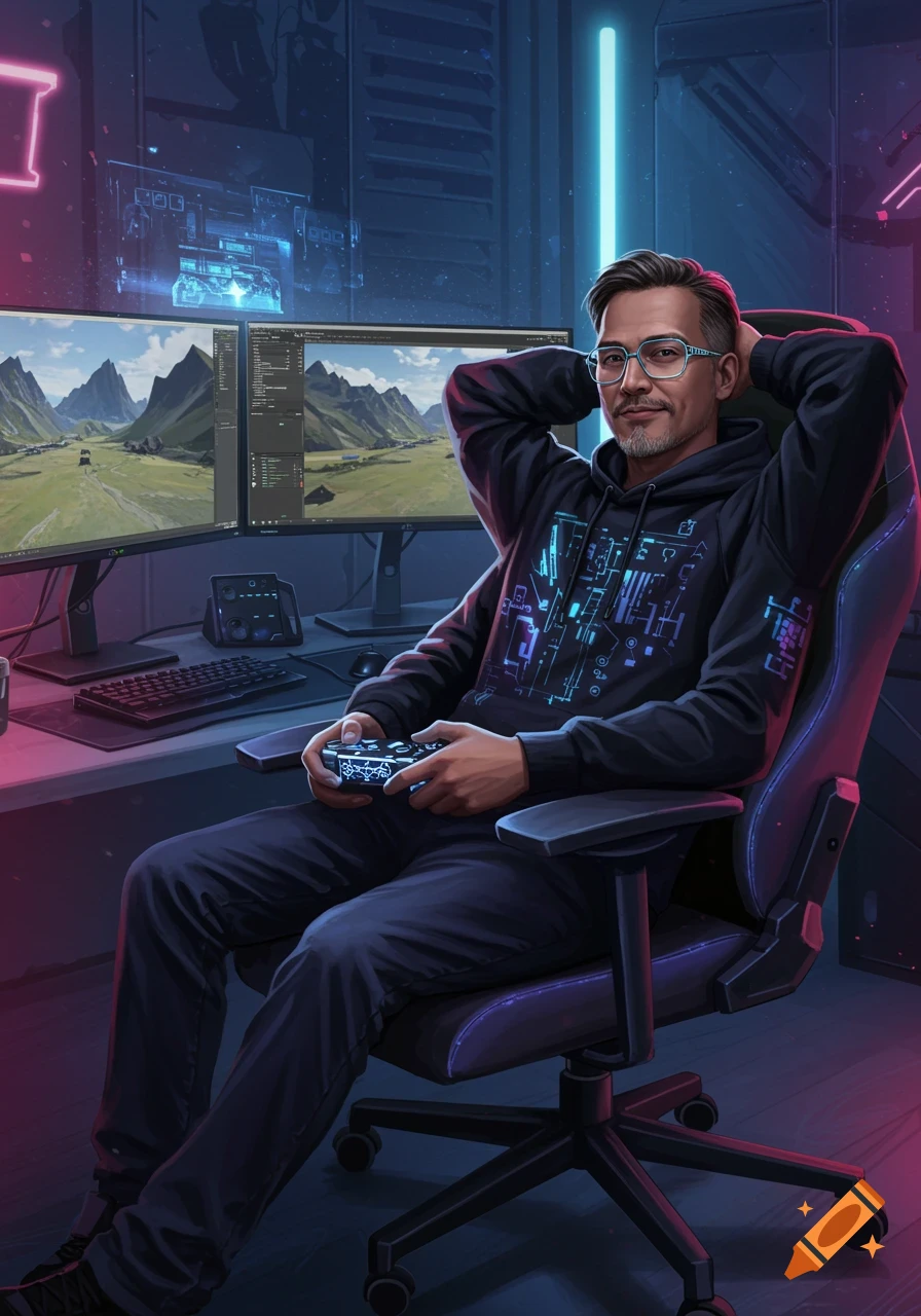 A cool, middle-aged man with glasses and a beard relaxes in a gaming chair, holding a controller, in front of a dual-monitor computer setup in a neon-lit room.