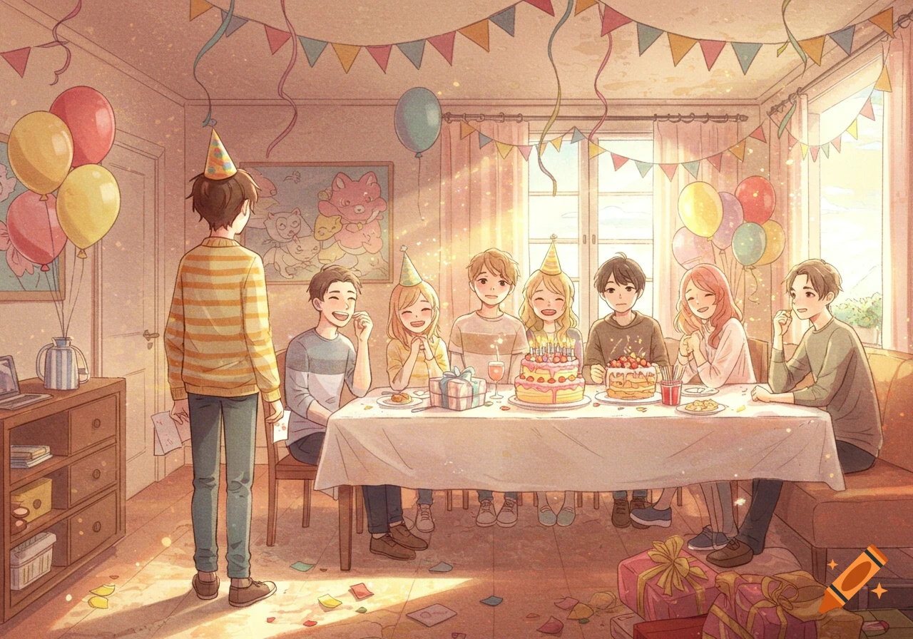 A group of friends celebrates a birthday party with cakes, balloons, and gifts in a sunlit room, in an anime illustration style.