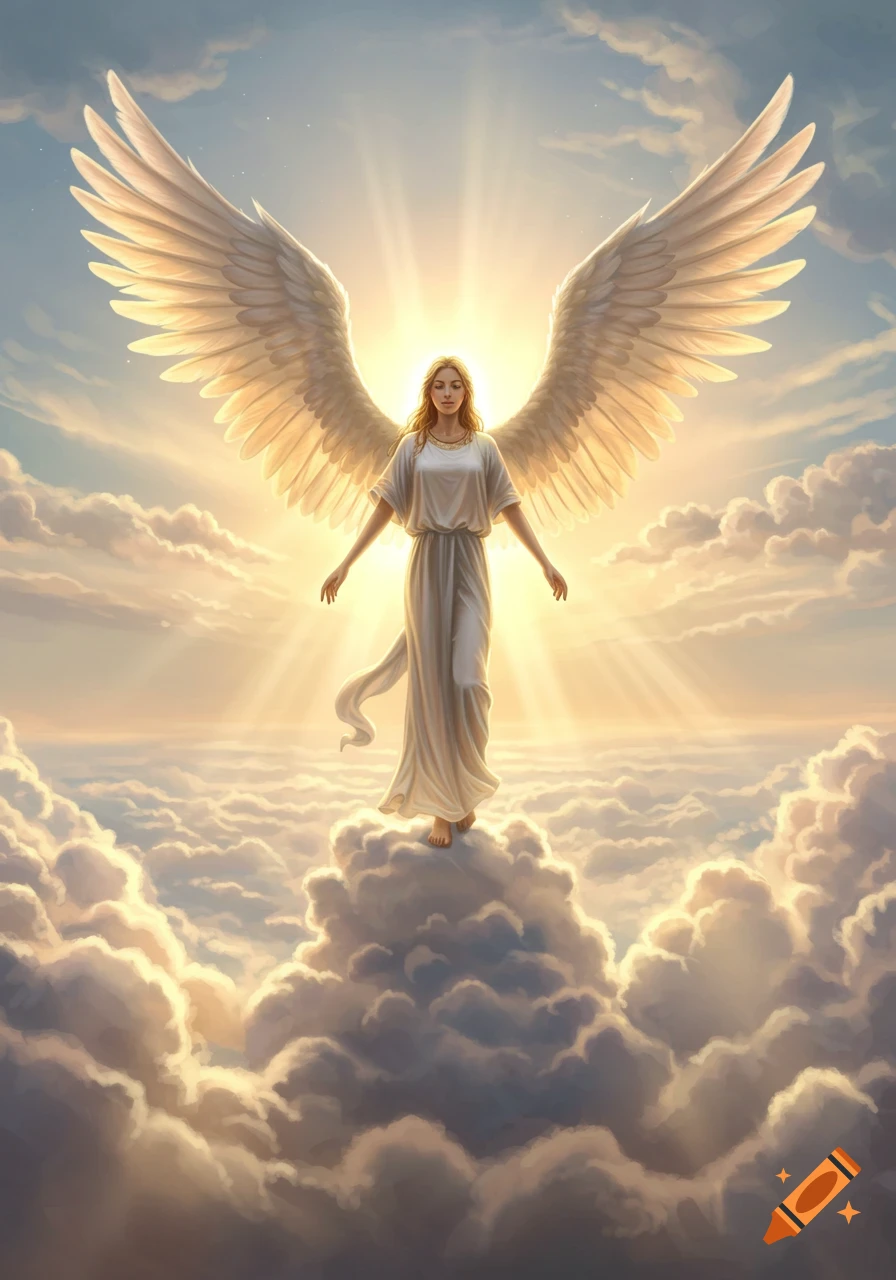 A radiant angel with large white wings and a flowing white gown stands barefoot on a cloud, bathed in sunlight in a heavenly sky.