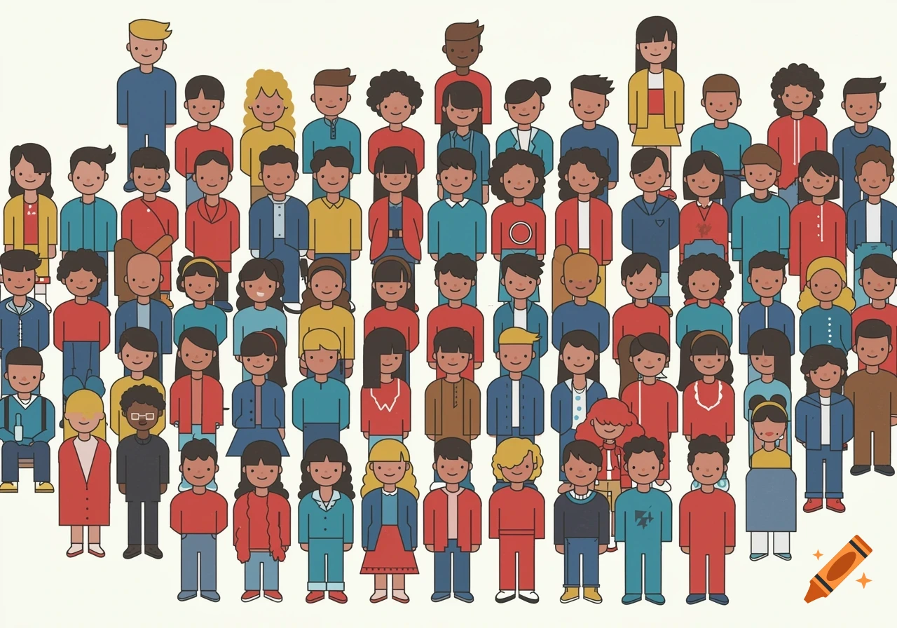 A pictogram illustration of a large, diverse group of stylized teenagers standing together.
