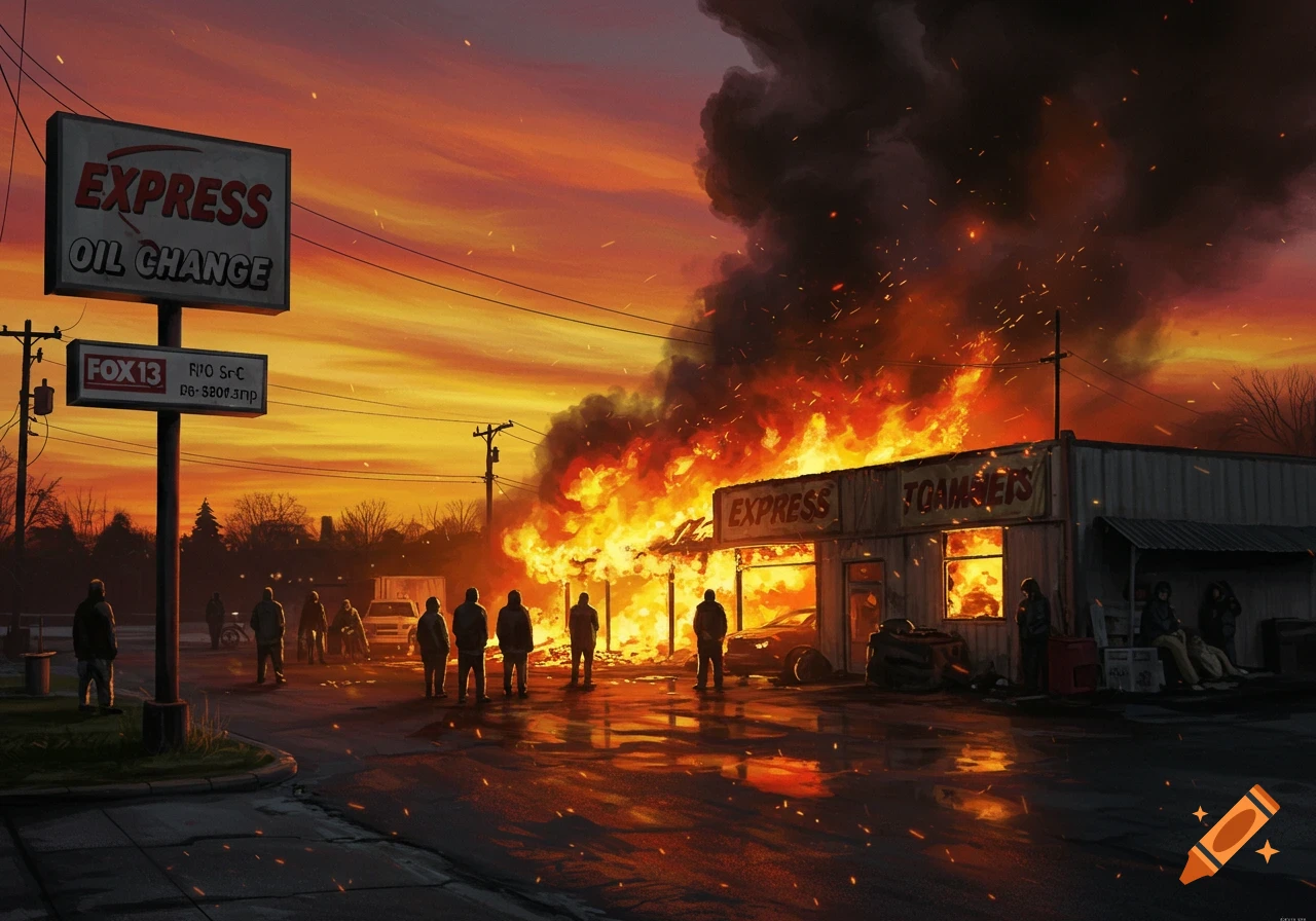 A dramatic illustration of an Express Oil Change building engulfed in flames at sunset, with a sign showing 'Express Oil Change' and 'FOX 13'. Several silhouetted figures watch from the street as sparks fly from the inferno.
