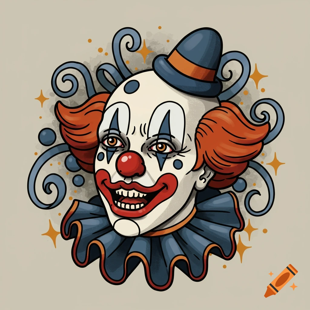 An American traditional style tattoo illustration of a clown's head, with orange hair, a blue hat, and a ruffled collar.