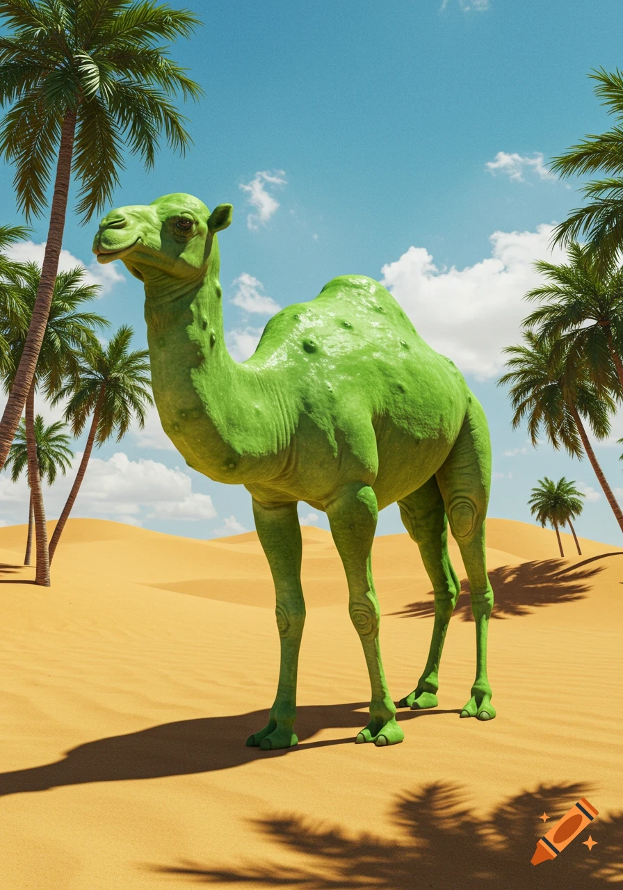 A vibrant green camel with a bumpy, cucumber-like texture stands in a sunny desert with palm trees and a blue sky.