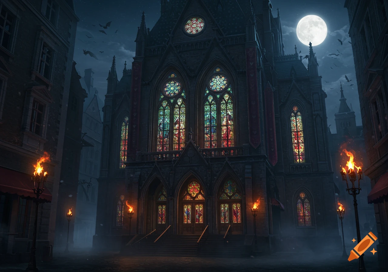 A grand gothic building with colorful stained-glass windows, lit torches, and bats flying under a full moon at night.