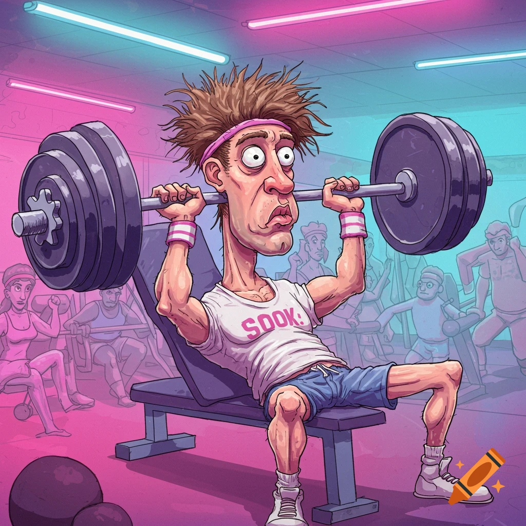 A goofy-looking cartoon man with messy hair struggles to bench press a heavy barbell in a gym.