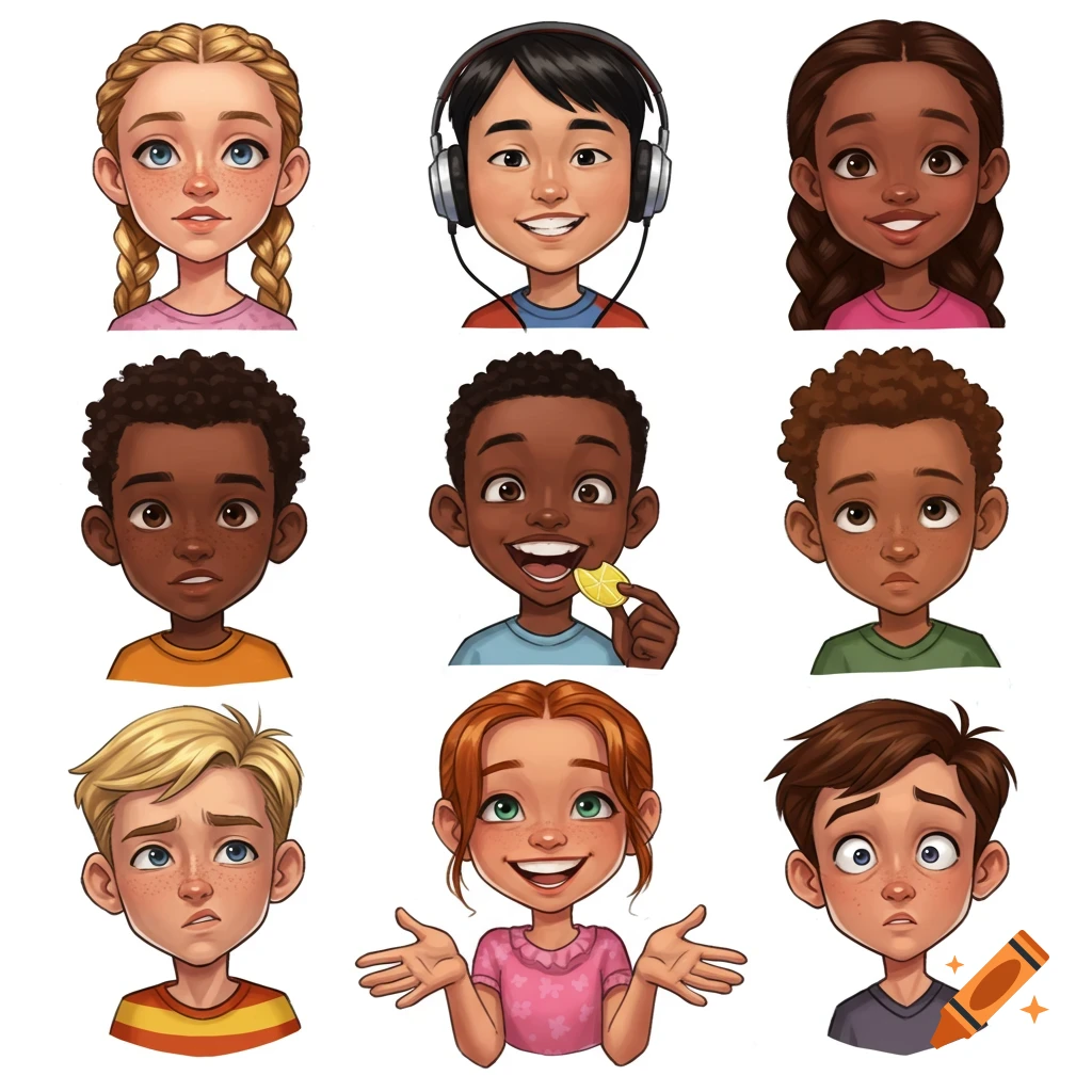 A 3x3 grid of nine cartoon illustrations of diverse children's faces with various expressions.