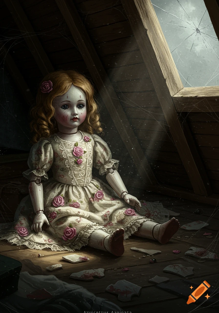 A creepy broken porcelain doll with cracks and stains sits in a dusty attic with a shattered window.
