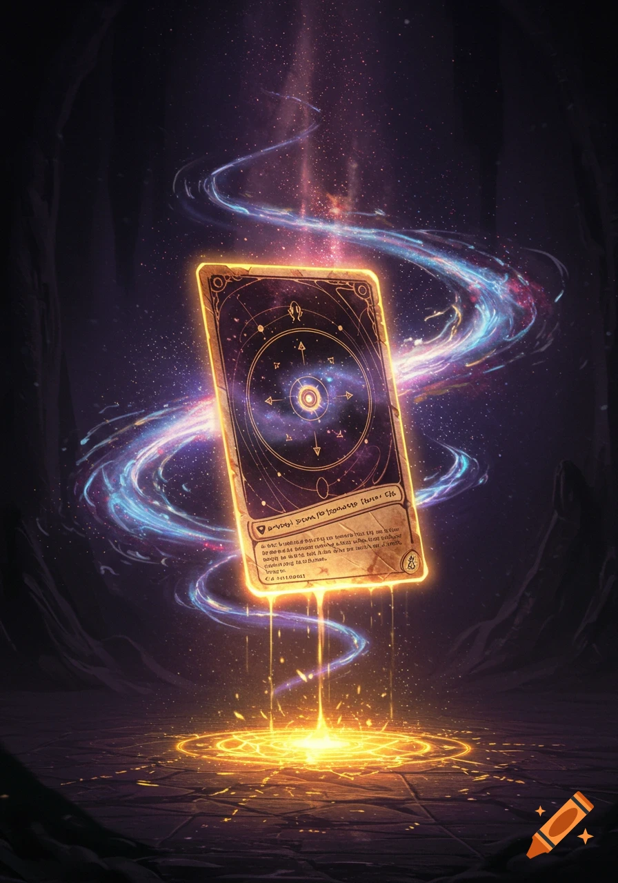 A glowing, intricate magic card floats vertically, emitting luminous energy that swirls into a cosmic background and forms a glowing circle on the ground.