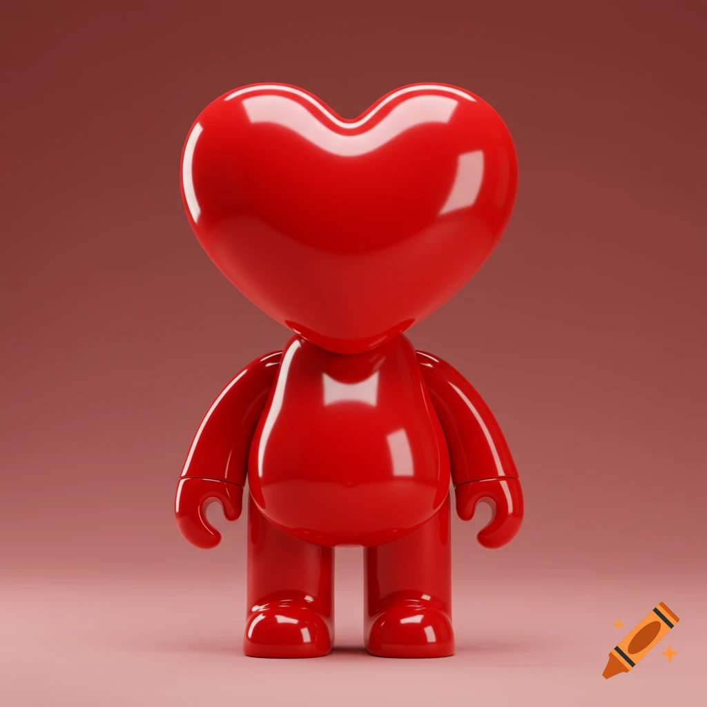 A glossy red art toy with a heart-shaped head and a chubby body stands against a reddish-pink background.
