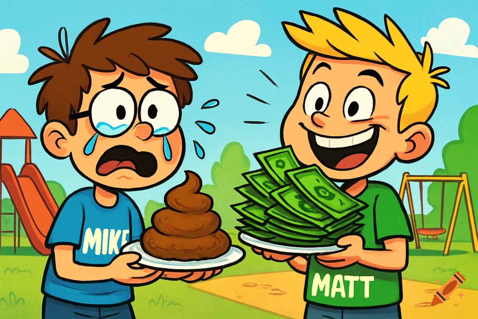 Cartoon boys Mike crying with poop and Matt laughing with money in a playground.