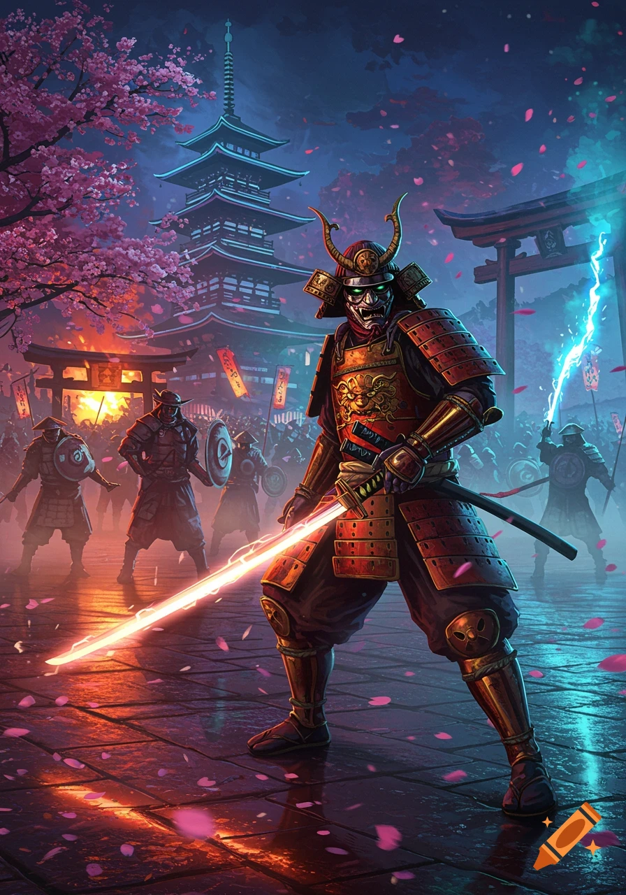 A samurai warrior in elaborate armor with a glowing katana stands before a pagoda and other warriors amidst falling cherry blossoms.