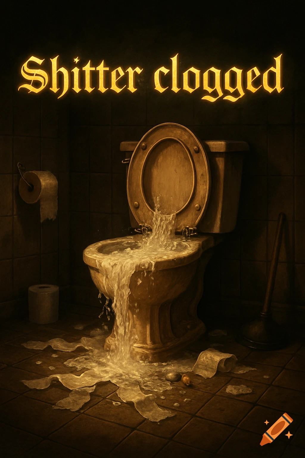 A Dark Souls-style message reads "Shitter clogged" above a toilet overflowing with water onto a tiled bathroom floor, with a plunger nearby.