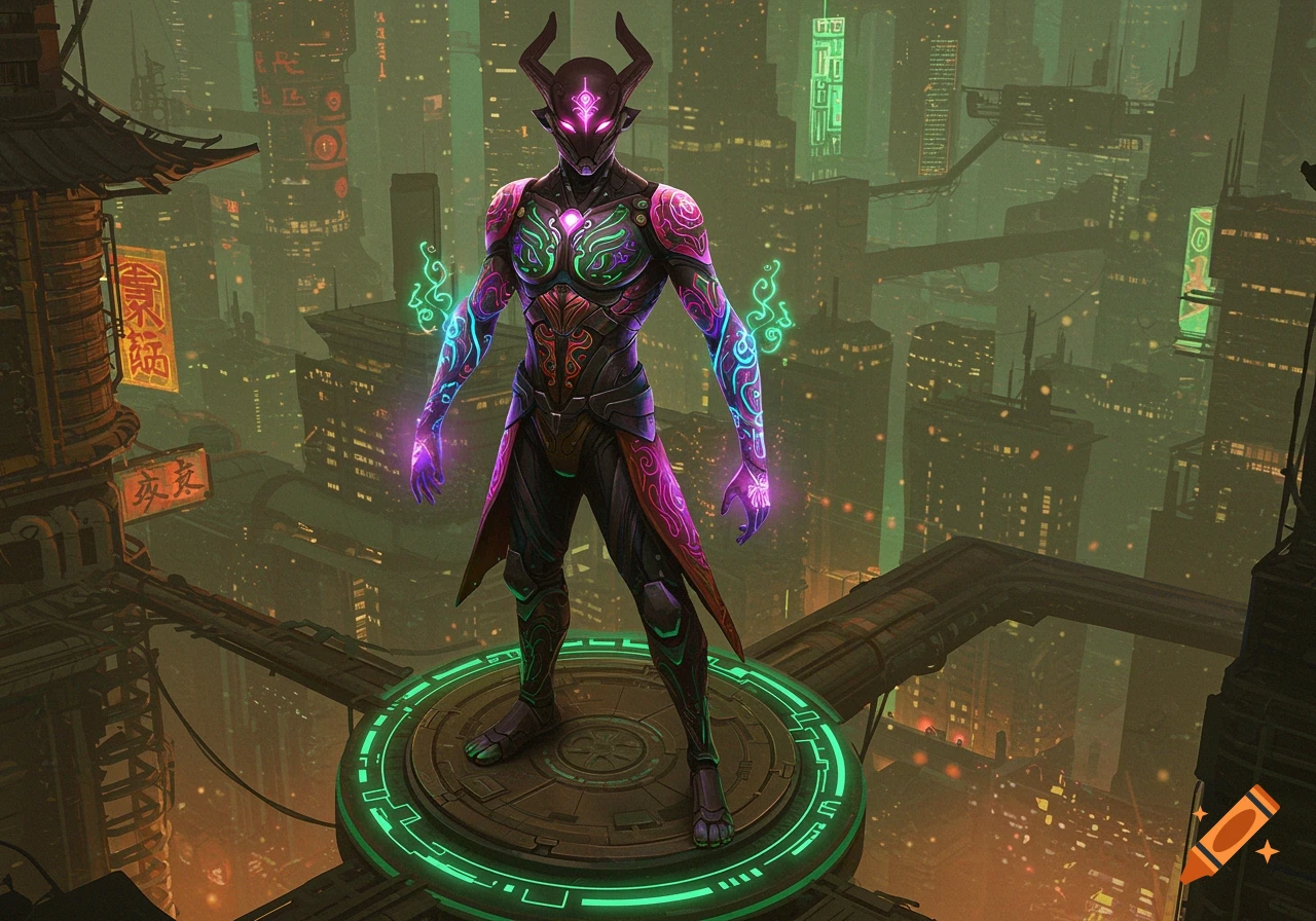 A glowing purple-armored warrior with horns stands on a platform above a sprawling, green-lit cyberpunk city at night.