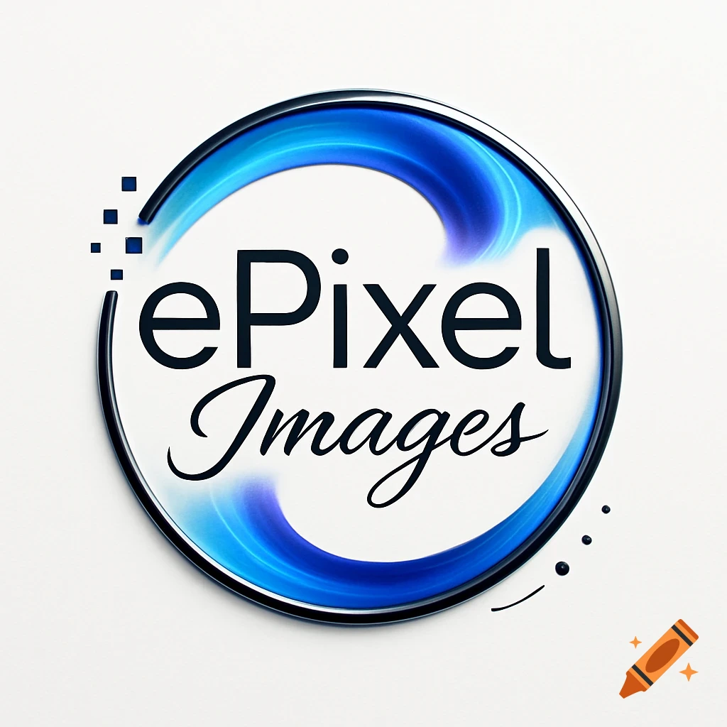 Circular logo with a metallic border, blue swirl, and the text 'ePixel Images'.