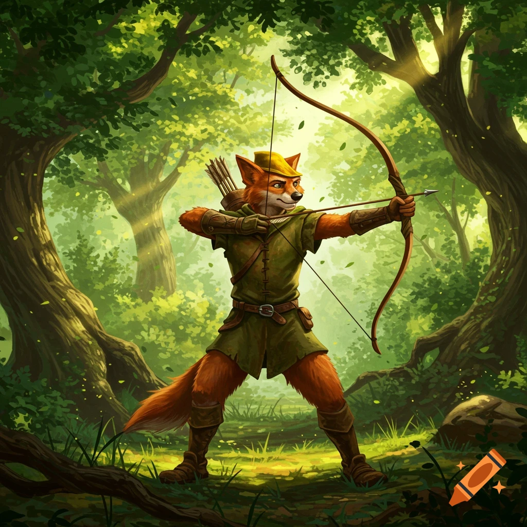 An anthropomorphic fox dressed as Robin Hood, aiming a bow and arrow in a lush, sunlit forest. Vibrant illustration.