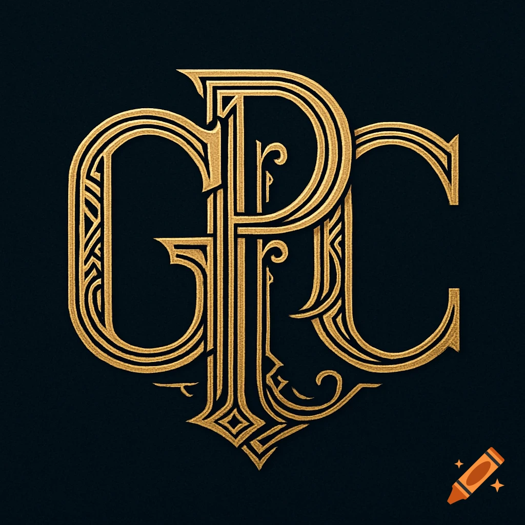 An ornate gold monogram of the letters G, P, and C on a dark background.