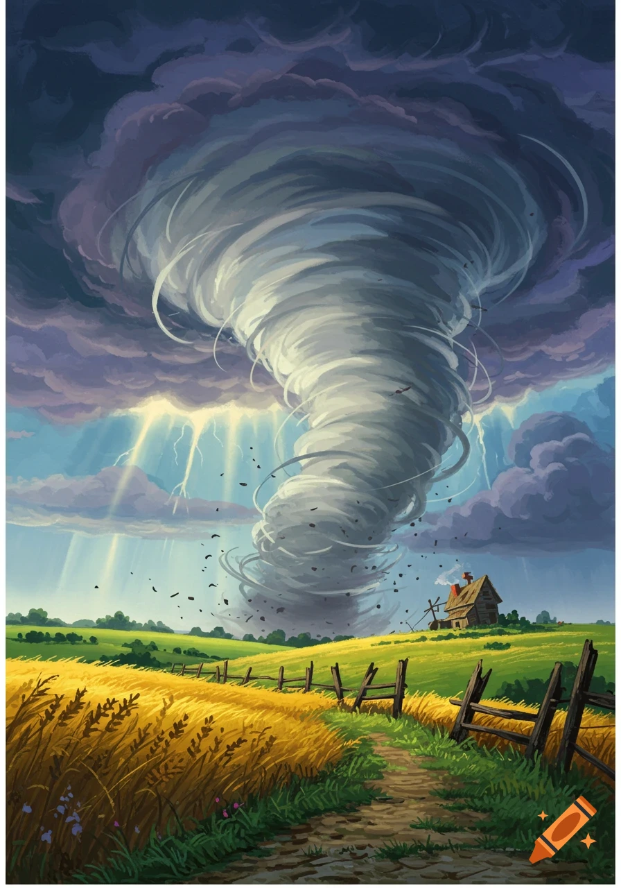 Illustrative scene of a huge tornado over a golden field with a small house, under a stormy sky with lightning.
