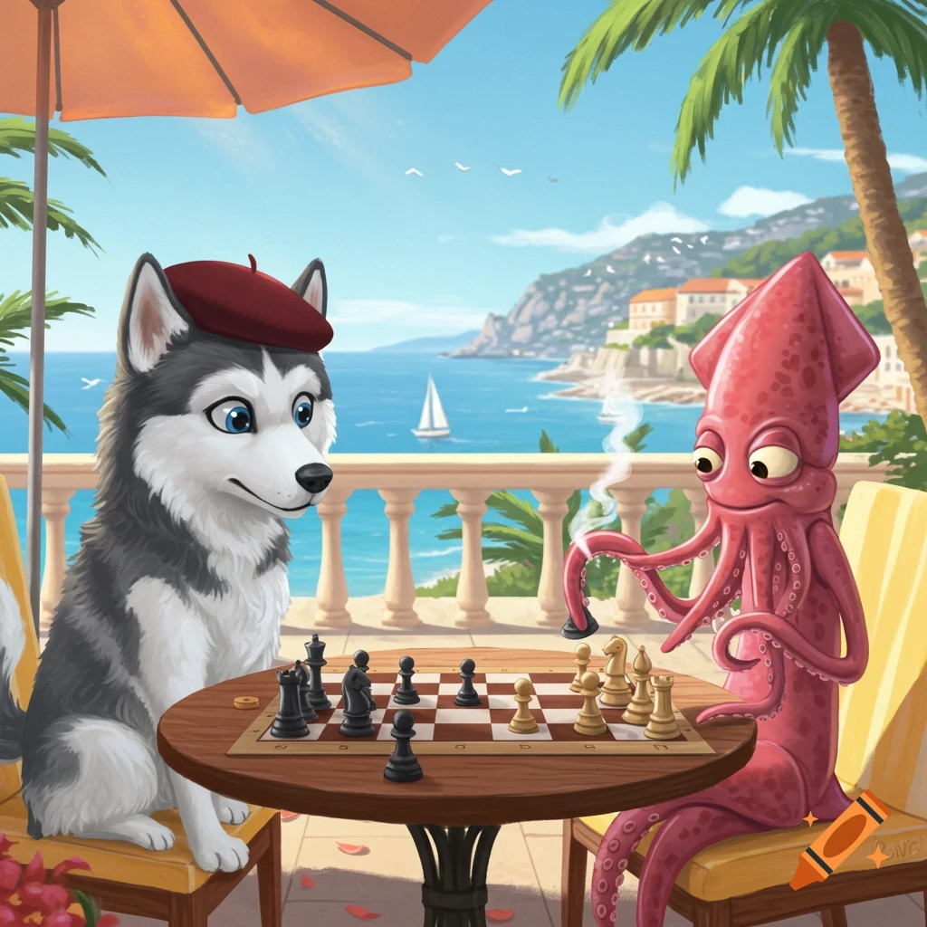A whimsical cartoon shows a husky in a beret playing chess with a squid on a balcony overlooking the French Riviera.