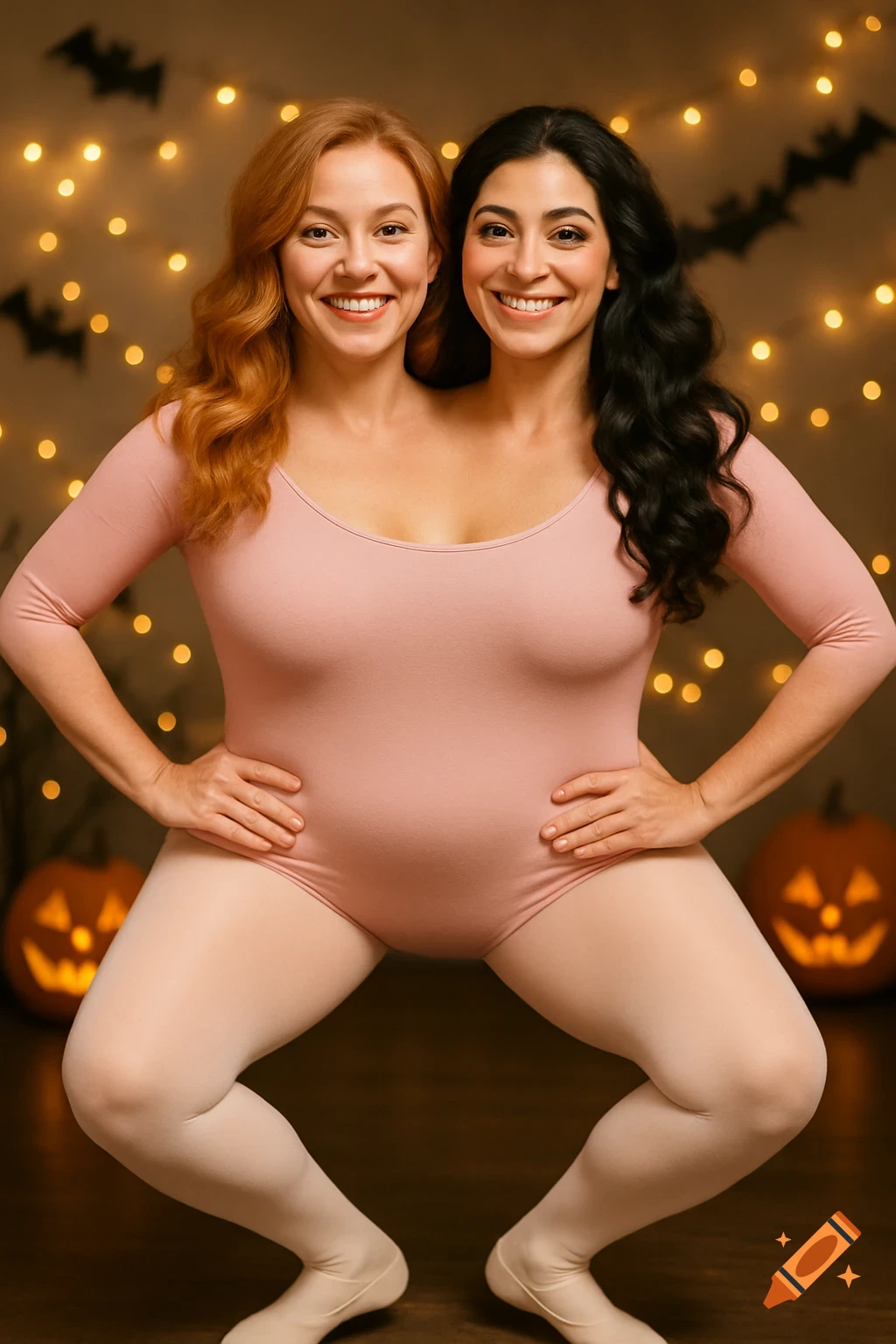 Two smiling women, appearing conjoined into one body in a pink leotard, perform a ballet plié against a Halloween background with string lights, bats, and pumpkins.
