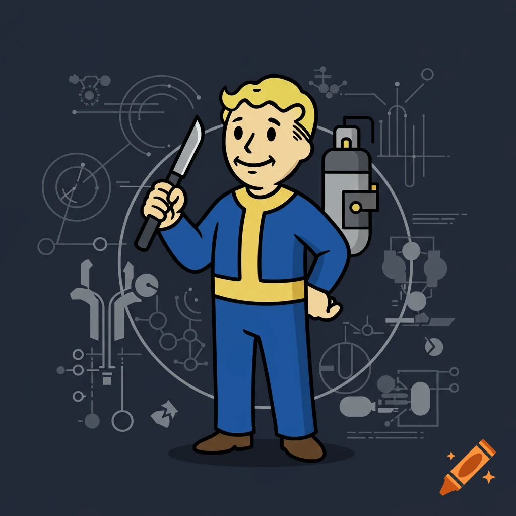 A cartoon illustration of Vault Boy in a blue and yellow suit, holding a knife, against a dark background with white schematic diagrams.
