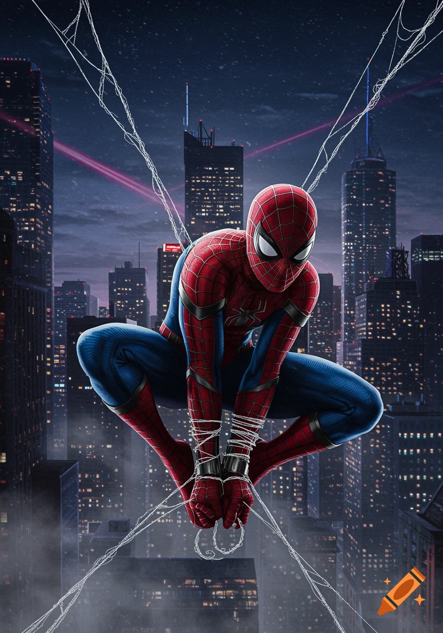 Spider-Man in a red and blue suit is tied up with white webs, crouching against a dark city skyline at dusk.