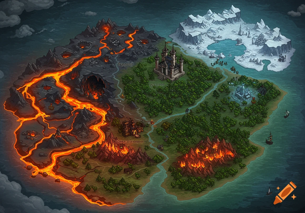 An isometric fantasy map of an island featuring distinct biomes: a vibrant orange lava land, lush green forests, and a icy, snow-covered region. Various structures like a castle, a cave, and small towns are depicted, with boats in the surrounding water.