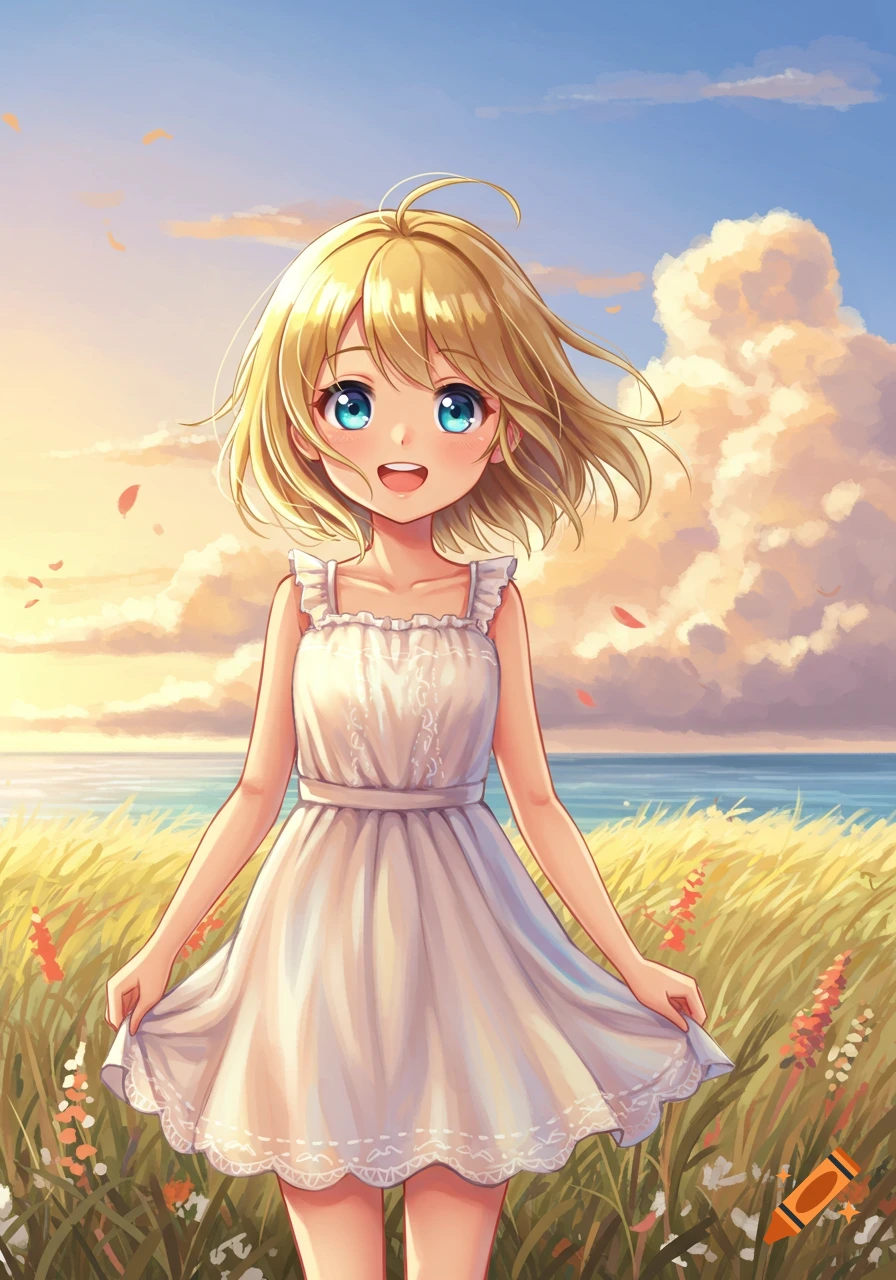 An anime girl with blonde hair and blue eyes in a white dress stands in a grassy field at sunset, with an ocean behind her.