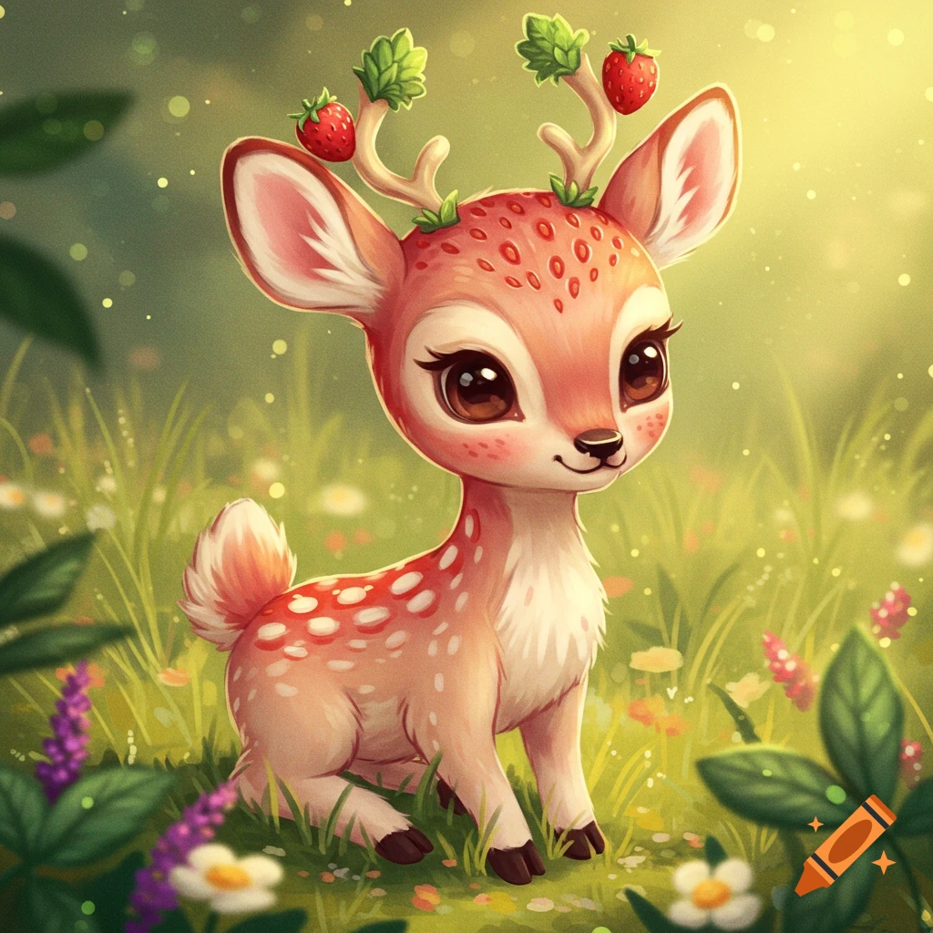 A cute, stylized strawberry deer with large eyes and antlers adorned with strawberries sits in a field of green grass and flowers.