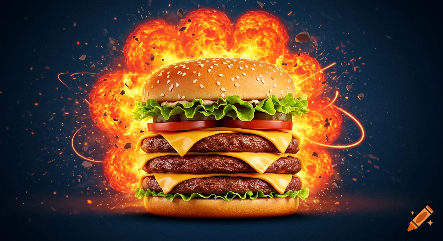 A large burger with multiple patties, cheese, lettuce, and tomatoes sits against a background of dramatic orange explosions and flying debris.