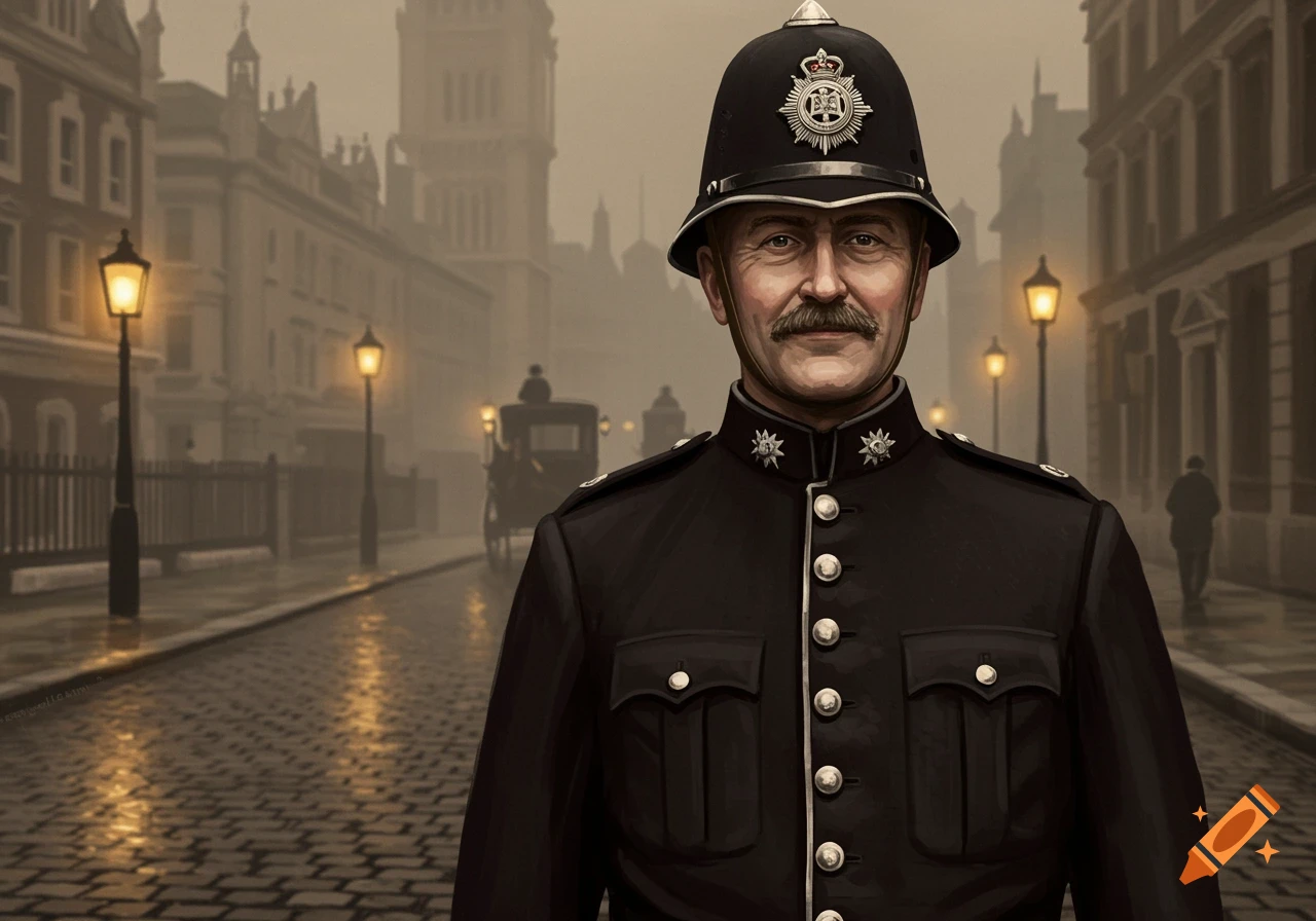 A British police sergeant from 1922 stands on a misty cobbled street with gas lamps.